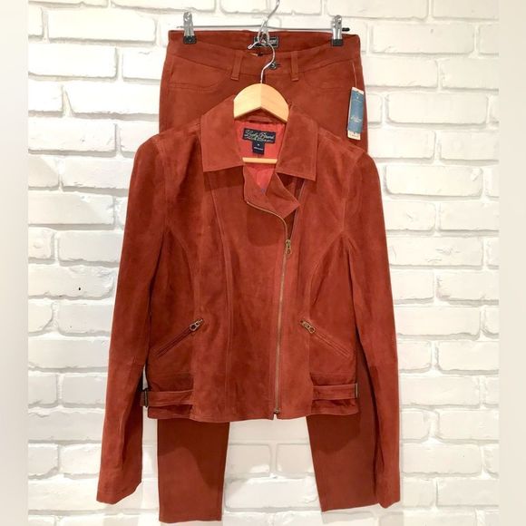 LUCKY BRAND 2 PIECE RUST SUEDE MOTORCYCLE MOTO JACKET & SLIGHTLY FLAWED - Picture 3 of 16